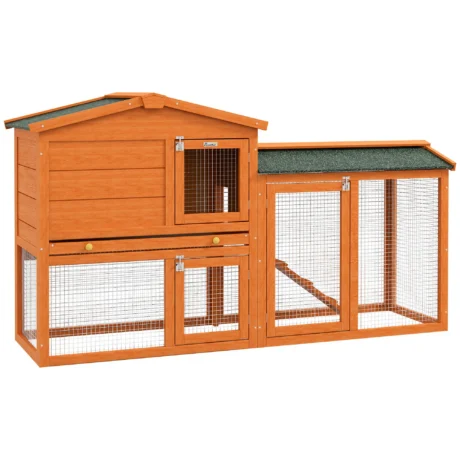 Two-Tier Wooden Rabbit Hutch with Run and Tray – Orange, 150cm