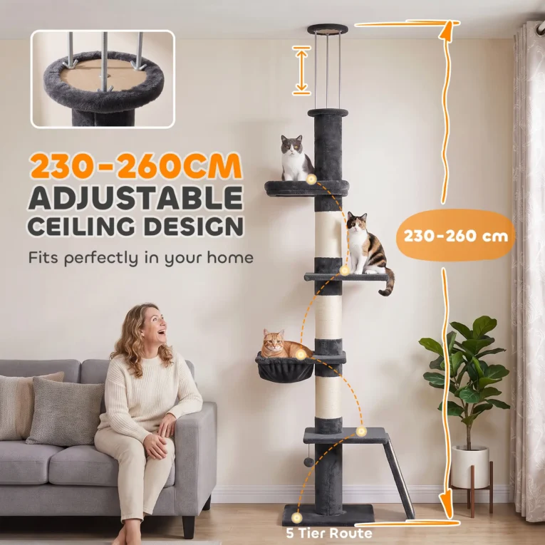Floor to Ceiling Cat Tree 5-Level Bed Hammock – Dark Grey, Cream White
