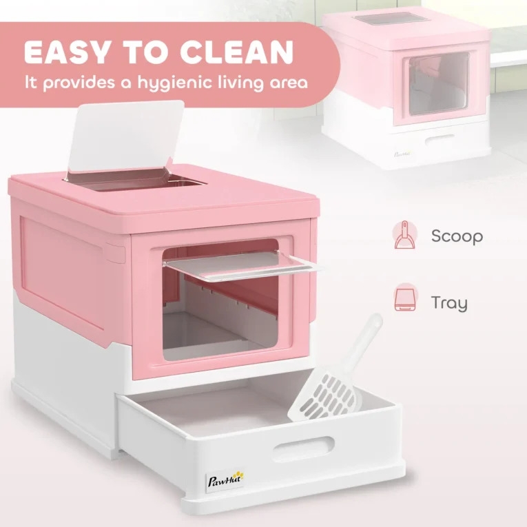 Folding Cat Litter Box with Drawer – Pink