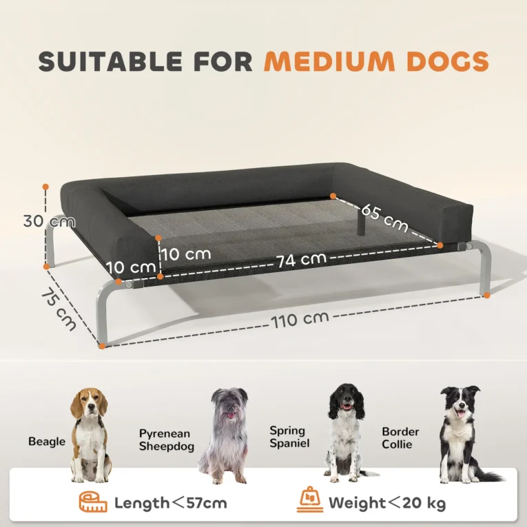 Raised Dog Bed with Removable Bolster – Black, 110cm