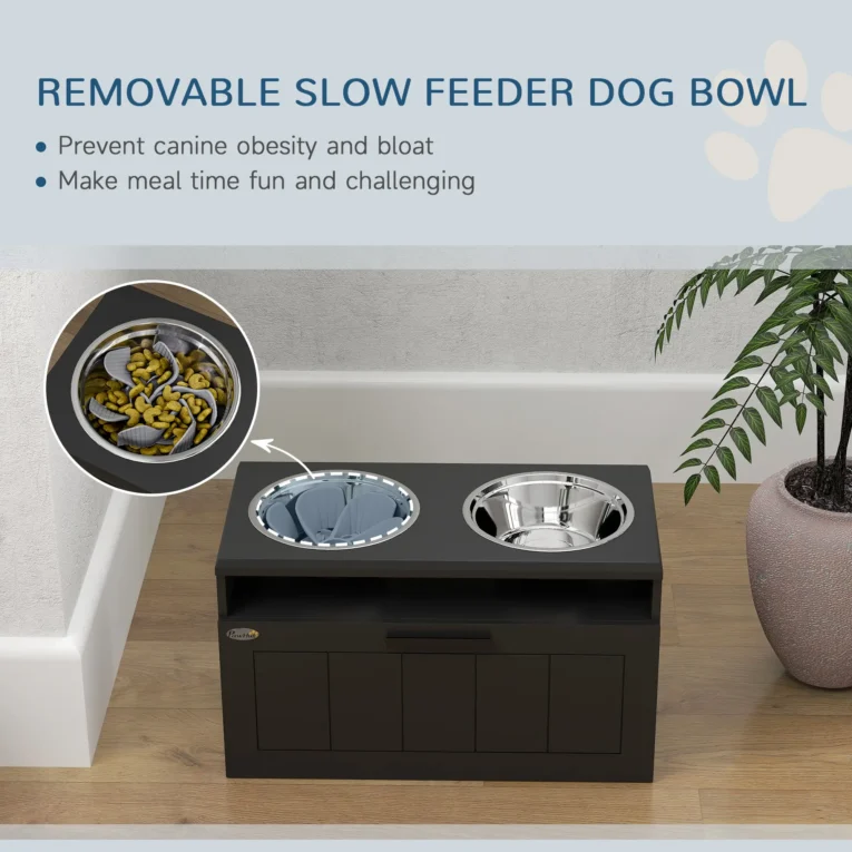 Raised Double Dog Feeding Station with Drawer – Black, 2L Bowls