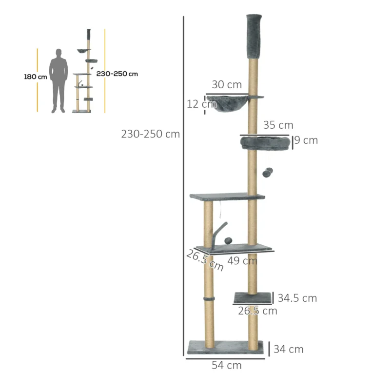 Floor-to-Ceiling Cat Tower with Hammock – Grey, 230–250cm Floor-to-Ceiling Cat Tower with Hammock – Grey, 230–250cm