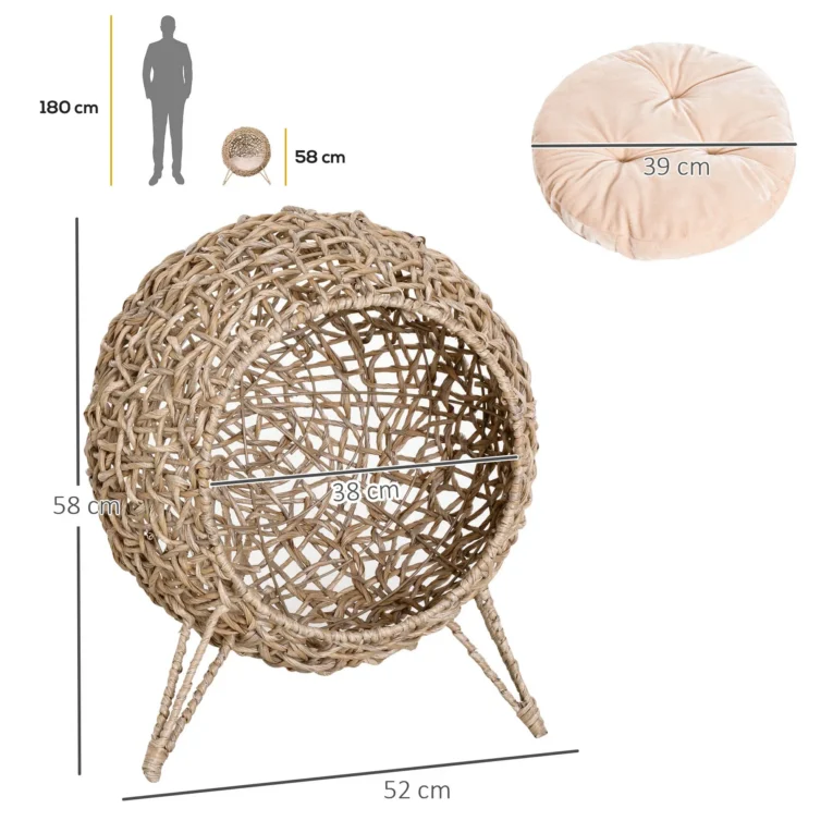 Round Rattan-Effect Cat Cave with Cushion – Natural, 58cm