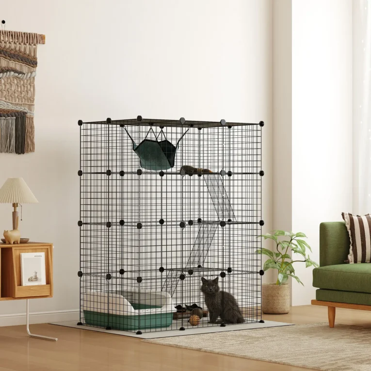 Four-Level Modular Indoor Cat Enclosure with Hammock – Black