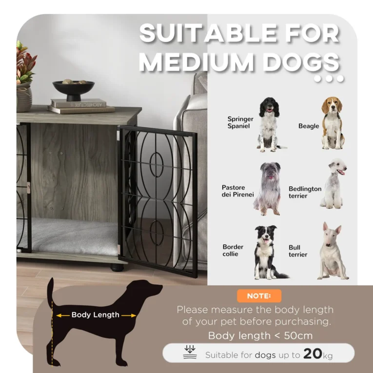 Medium Dog Crate Side Table with Cushion – Grey Wood Effect, 80cm