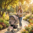 Folding Pet Stroller with Storage Basket – Brown, 10kg
