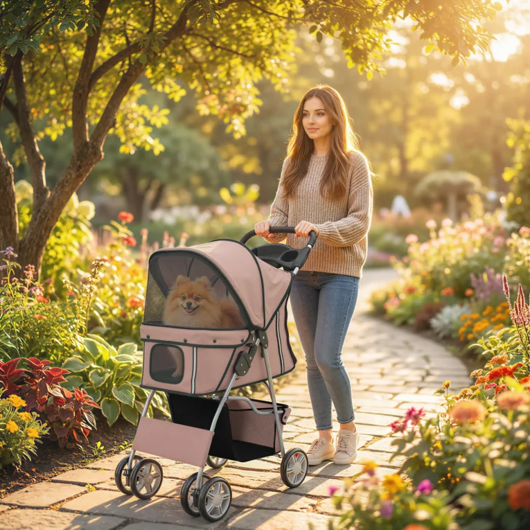 Folding Pet Stroller with Storage Basket – Brown, 10kg