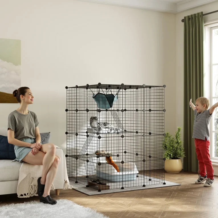 Modular Indoor Cat Enclosure with Ramps and Hammock – Black