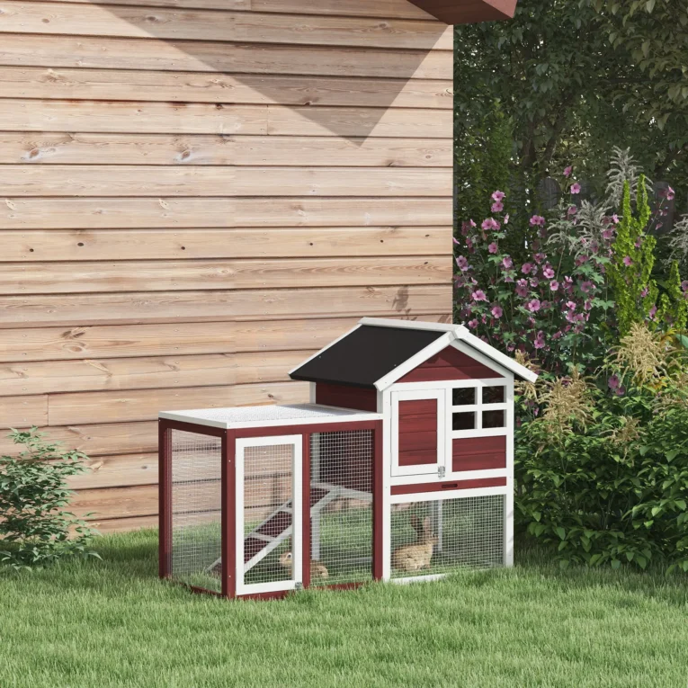 Wooden Rabbit Hutch with Side Run and Tray – Brown and White