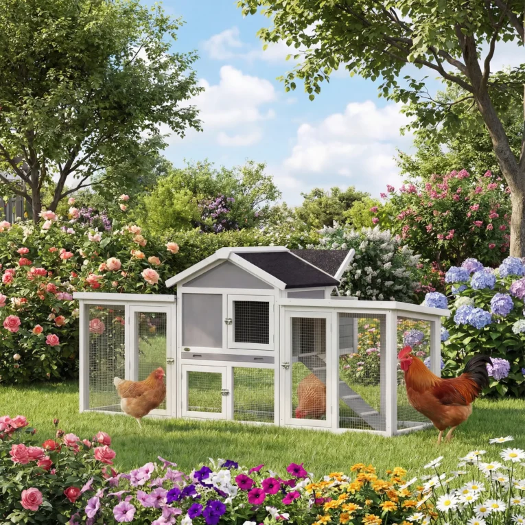 Wooden Chicken Coop with Nesting Box Outdoor – Grey, White Black