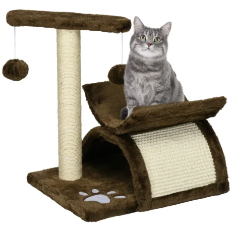 Compact Cat Activity Tree with Rotating Bar and Tunnel – Brown