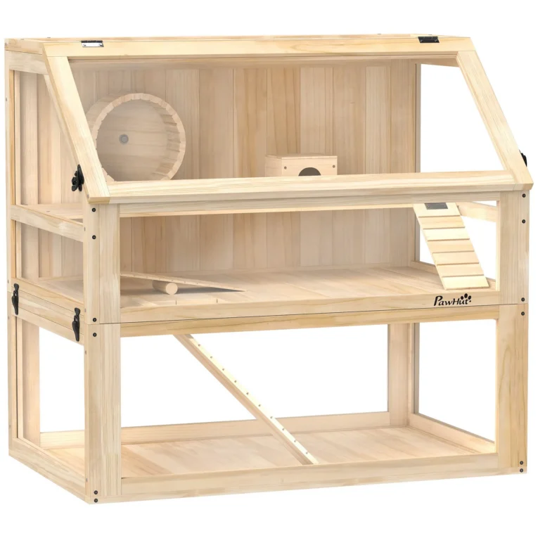Wooden Hamster Cage with Deep Base and Wheel – Natural, 80cm Wooden Hamster Cage with Deep Base and Wheel – Natural, 80cm