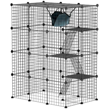 Four-Level Modular Indoor Cat Enclosure with Hammock &ndash; Black