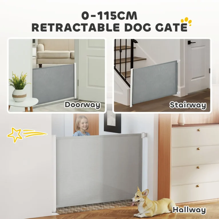 Retractable Fabric Pet Gate – White and Grey, 115cm