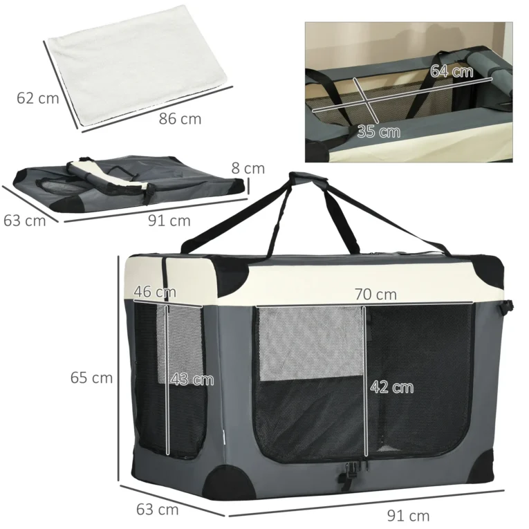 Three-Door Folding Pet Carrier – Grey, 91cm