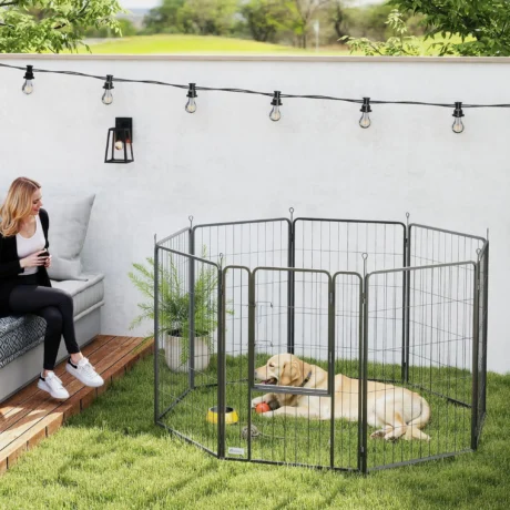 Eight-Panel Steel Dog Playpen with Gate – Black, 100cm High