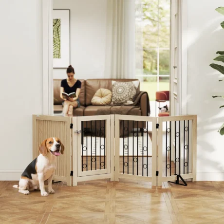 Four-Panel Folding Pet Gate with Door &ndash; Oak Tone, 70cm High &ndash; detail 2