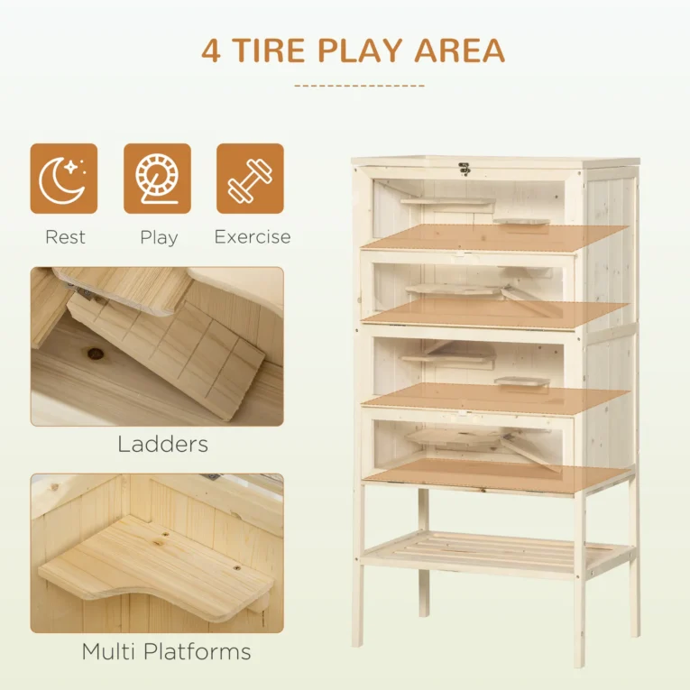 Four-Level Wooden Small Rodent Enclosure with Storage Shelf – Natural