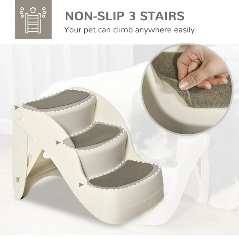Folding Three-Step Pet Stairs – Cream, 38cm