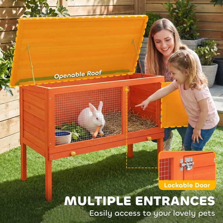 Wooden Rabbit Hutch Elevated Bunny House Outdoor – Orange, Green