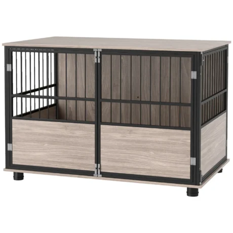100cm Dog Crate End Table with Cushion for Large Dogs &ndash; Walnut Wood Finish, Black