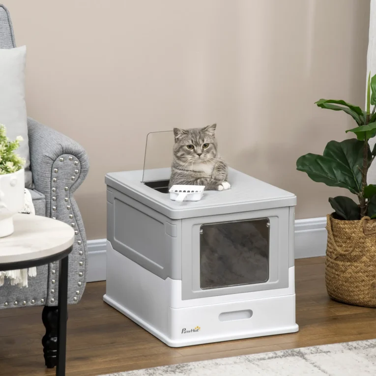 Hooded Cat Litter Box Portable with Scoop – Grey, White