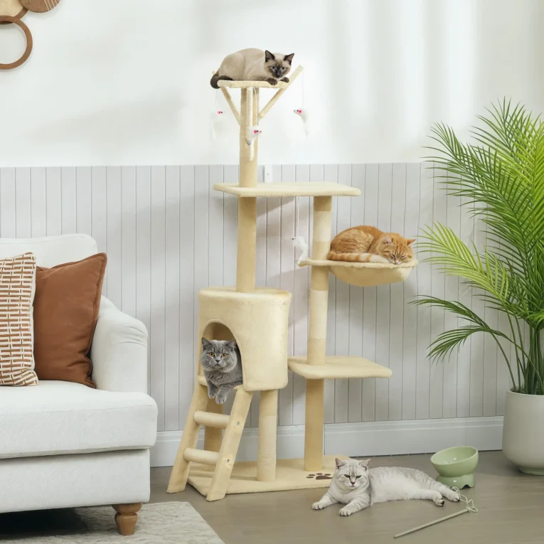 Cat Tree with Den, Basket and Ladder – Beige, 134cm