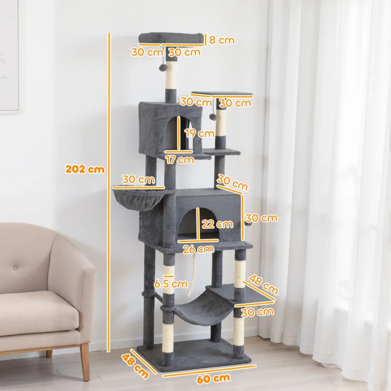 Tall Cat Activity Tower with Two Hammocks – Dark Grey, 202cm Tall Cat Activity Tower with Two Hammocks – Dark Grey, 202cm