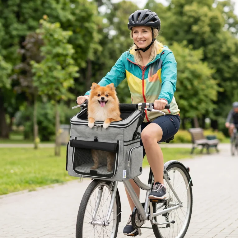 Soft Pet Bicycle Basket with Mesh Panels and Bowl – Light Grey