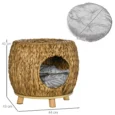 Raised Wicker Cat Den with Washable Cushion – Light Brown