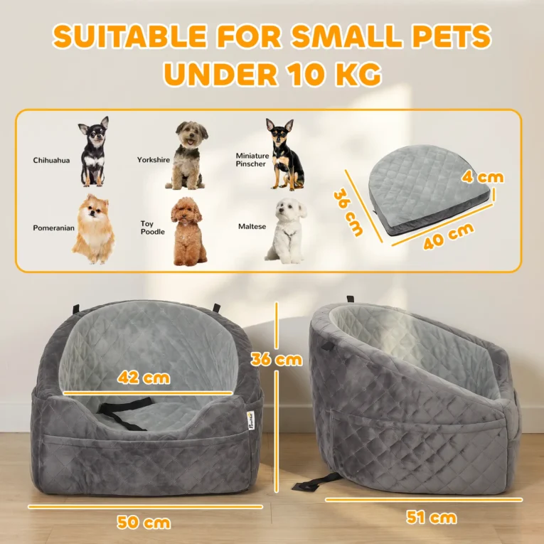 Padded Dog Car Booster Seat with Storage Pockets – Grey, 50cm Padded Dog Car Booster Seat with Storage Pockets – Grey, 50cm