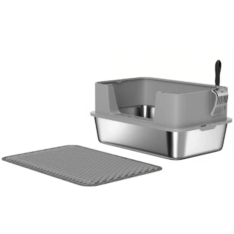 High-Sided Steel Litter Tray with Scoop and Mat &ndash; Grey, 60cm