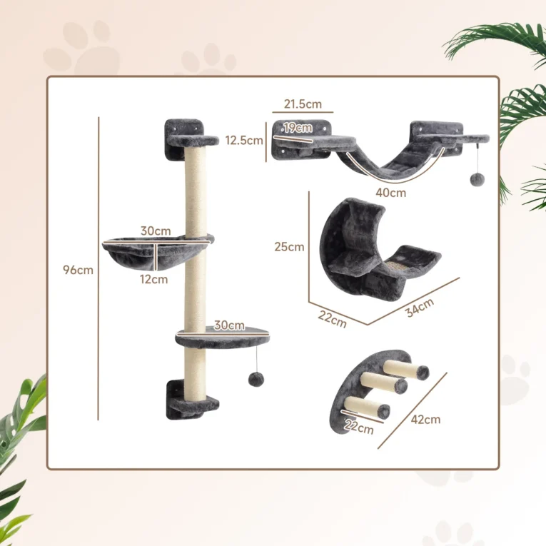 Four-Piece Wall-Mounted Cat Furniture Set with Hammock – Dark Grey