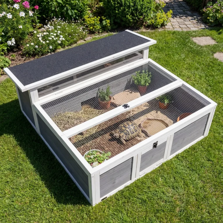Wooden Tortoise House with Viewing Window – Dark Grey, 113cm