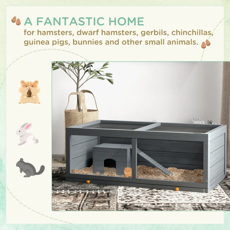 Wooden Rodent Enclosure with Hut and Sliding Tray – Grey, 100cm Wooden Rodent Enclosure with Hut and Sliding Tray – Grey, 100cm