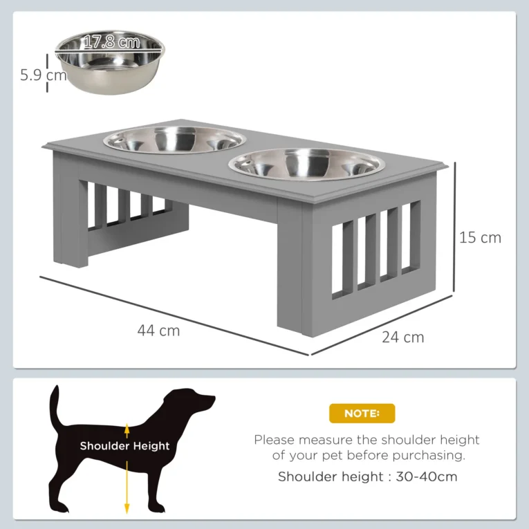 Raised Double Dog Bowl Stand – Grey, 0.9L Bowls