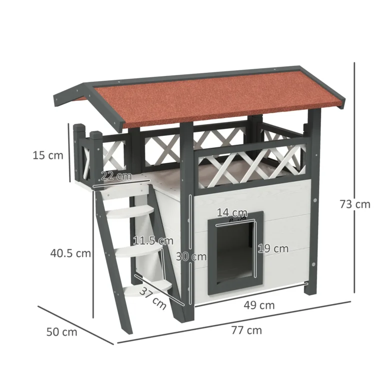 Two-Level Outdoor Cat House with Balcony and Steps – White