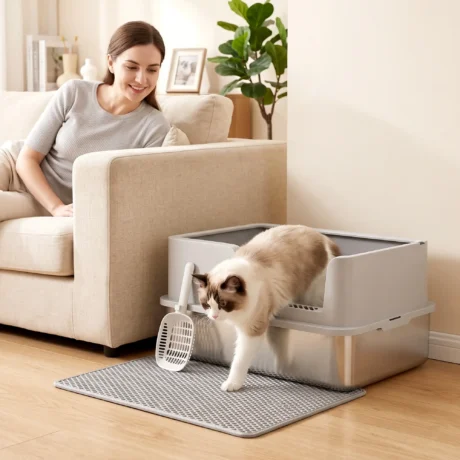 High-Sided Stainless Steel Cat Litter Tray &ndash; Light Grey, 60cm &ndash; detail 2