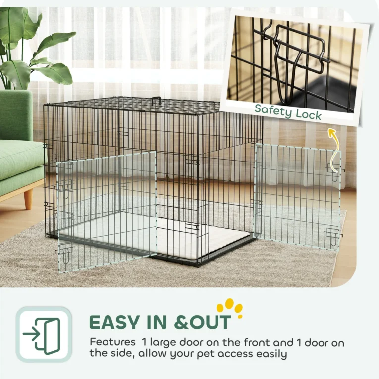 Folding Two-Door Dog Crate with Cushion – Black, 90cm