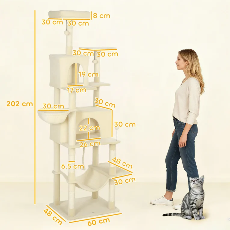 Tall Cat Tower with Two Dens and Hammocks – Beige, 202cm