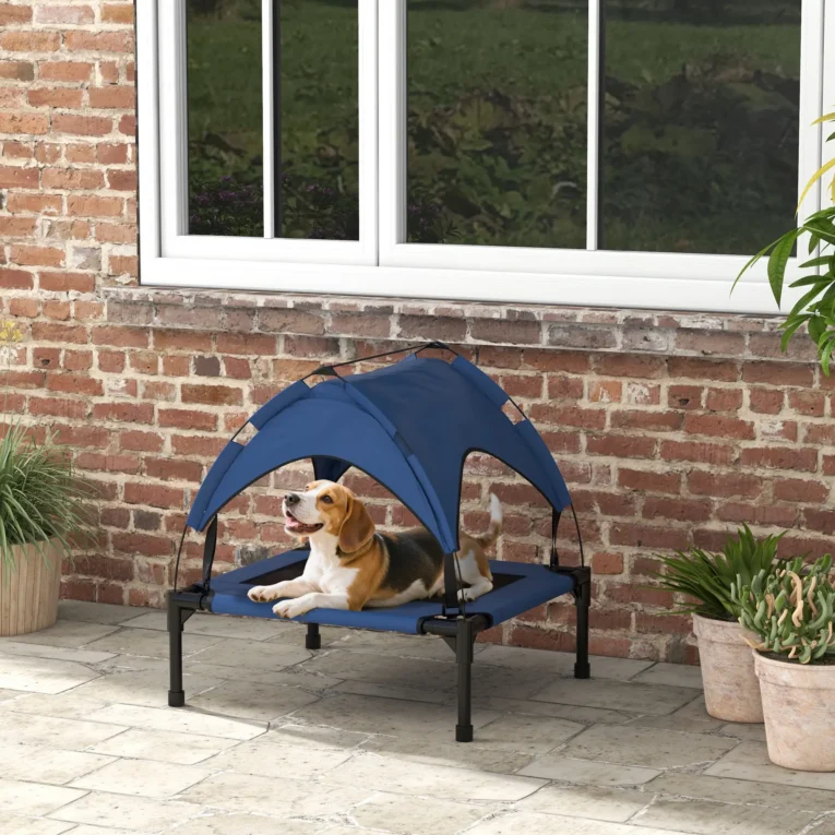Raised Dog Bed with Canopy – Dark Blue, 76 × 61cm