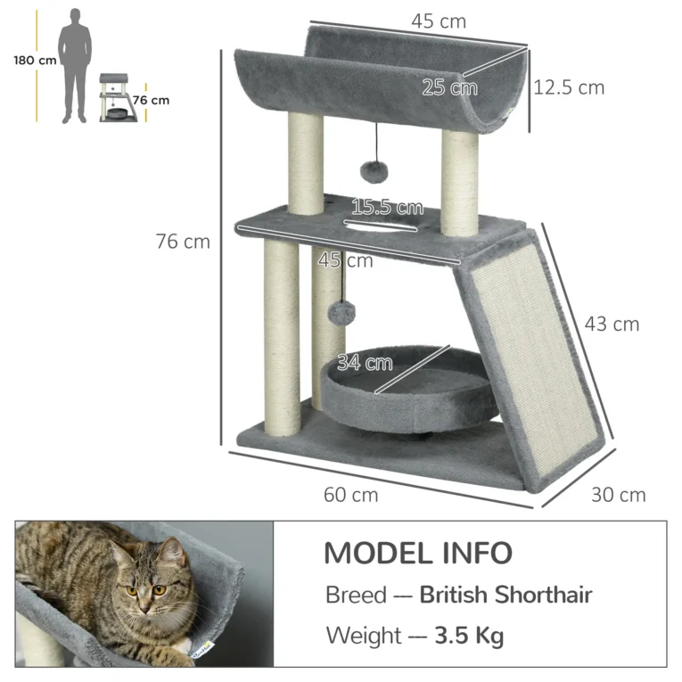 Compact Cat Tower with Scratching Ramp and Curved Perch – Grey, 76cm