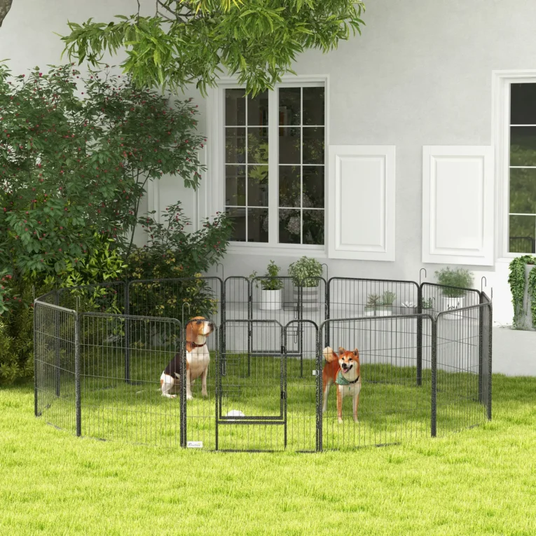12-Panel Steel Dog Playpen with Two Doors – Grey, 80cm High