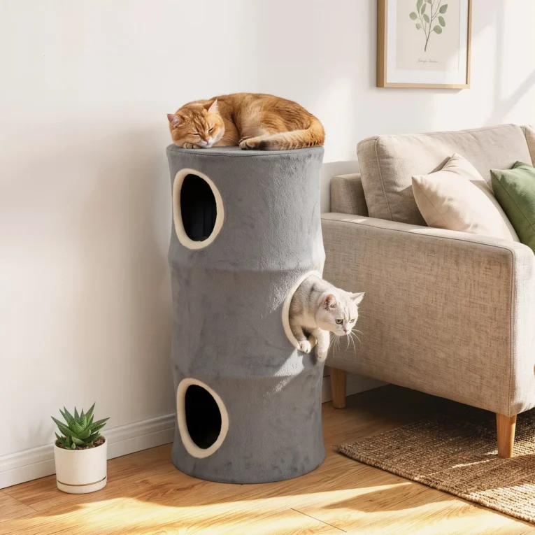 Three-Den Plush Cat Barrel with Washable Cover – Grey, 80cm