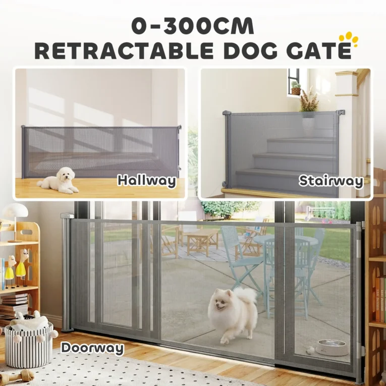 Wide Retractable Mesh Dog Gate – Grey, Extends to 300cm