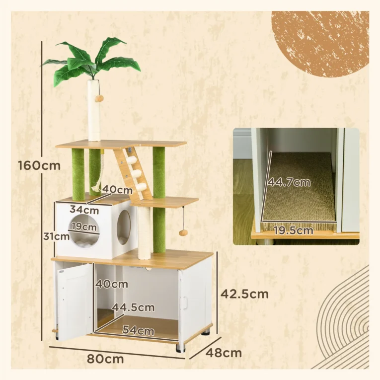 Cat Litter Cabinet with Climbing Tree and Scratching Posts – Oak and Cream Cat Litter Cabinet with Climbing Tree and Scratching Posts – Oak and Cream