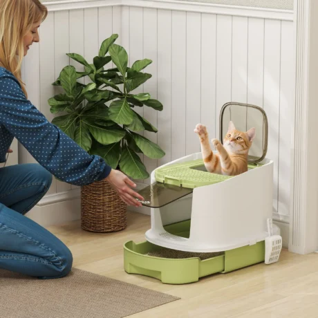 Covered Cat Litter Box with Drawer and Top Access – Green, 52.5cm