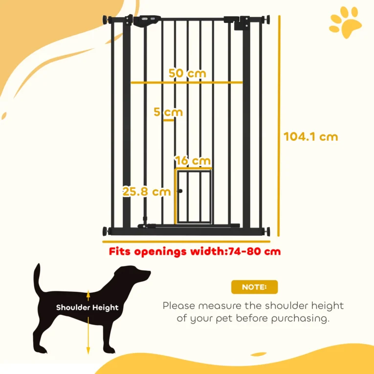 Extra-Tall Pet Gate with Cat Door – Black, 74–80cm