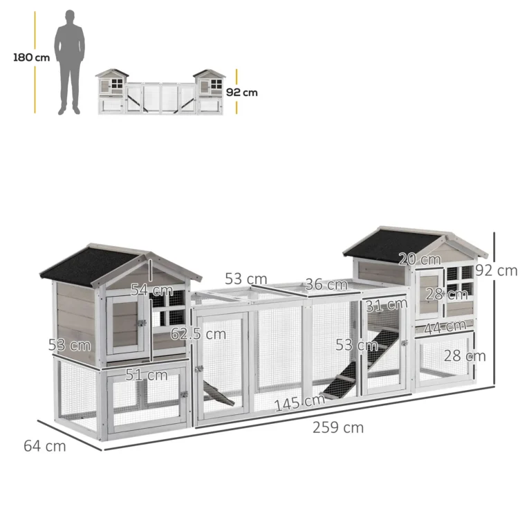 2-in-1 Rabbit Hutch 259x64cm with Run – White, Grey, Black 2-in-1 Rabbit Hutch 259x64cm with Run – White, Grey, Black