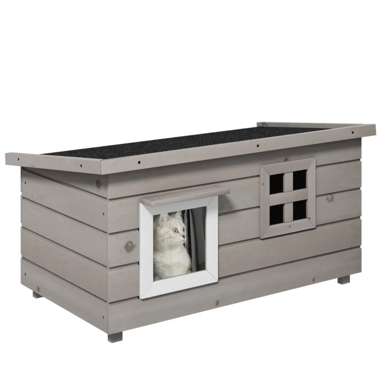 Raised Wooden Outdoor Cat Shelter with Opening Roof – Grey